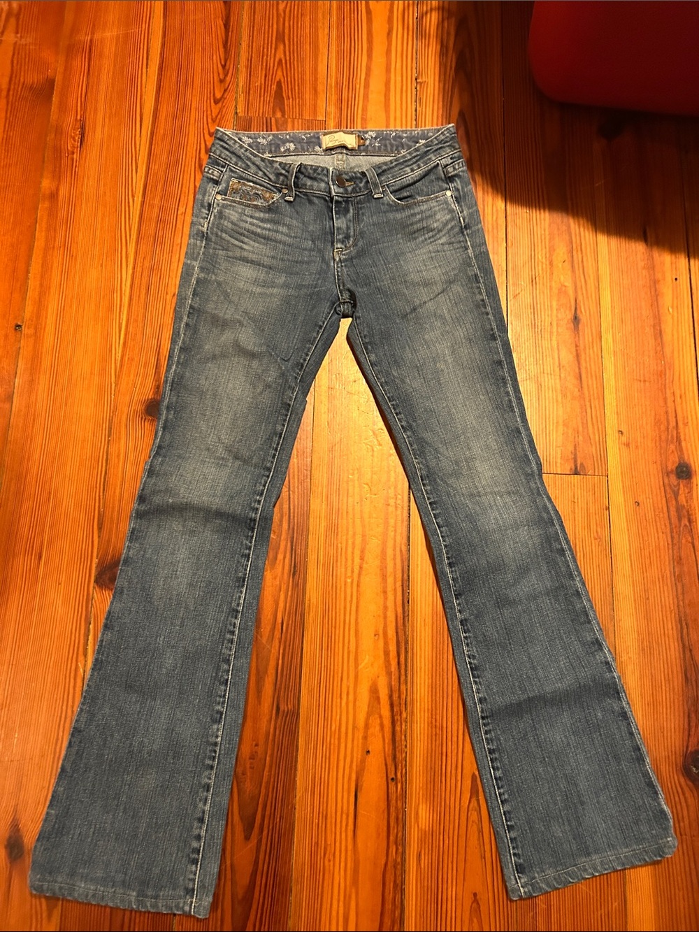 Classic Women's Blue Denim Flare Paige Jeans with Beautiful Embroidery
